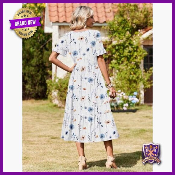 Flowy Midi Dress with Ruffle Sleeves, Loose Fit, Tiered Boho Style - Picture 2 of 7